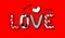 Love. Funny letters with dots and stripes on red background under arrows and heart. Doodle handwritten text.