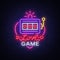 Love Game neon sign vector. Casino Slot Machines Logo in the neon style, gambling symbol, light banner, bright neon