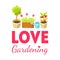 Love Gardening Banner Template with Home Plants and Flowers in Pots, Brochure, Poster, Booklet, Flyer or Business Card