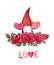 Love gnome in red roses bouquet with hearts in hands. Valentine watercolor with flowers, romantic dwarf for wedding