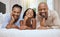 Love, grandparents and girl on bed, with smile and happy together to relax. Portrait, black family and with daughter in