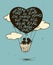 Love Greeting Card With Flying Couple In Hot Air Balloon.