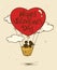 Love Greeting Card With Flying Couple In Hot Air Balloon.