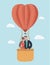 Love greeting card with flying couple in hot air balloon. Valentine`s greeting card.