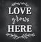 Love grows here inspirational poster with lettering, floral elements and chalkboard background