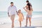 Love, happy and family walk on the beach bond, have fun and enjoy quality time together on the water, sea or ocean