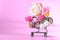 Love and happy Valentines day roses colorful in shopping cart