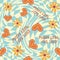 Love heart, daisies, waves of positivity retro 70s seamless pattern. Yellow, orange, red scattered heart shapes on a