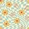 Love heart, daisies, waves of positivity retro 70s seamless pattern. Yellow, orange, red scattered heart shapes on a