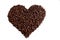 A love heart made of roasted coffee beans