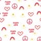 Love heart, peace symbol, rainbow retro 70s seamless pattern. Scattered heart shapes on a swirling background.