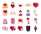 Love heart romantic passion feeling message flat style icons set