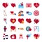 Love heart romantic passion feeling message flat style icons set