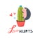 Love Hurts greeting card with lettering and hedgehog loving Cactus