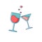 Love icon with clinking glasses. Romantic elements of wine and drink glasses. Valentines day sticker with symbols of cheers and