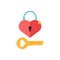 Love icons with heart lock and key. Romantic elements of love lock. Valentines day stickers with symbols of romantic message and