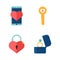 Love icons with heart phone, engagement ring, heart lock and key. Romantic elements of love message, weeding, virginity.
