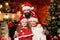 Love and kindness. Caring closest people. Togetherness concept. Being best Santa for them. Father Santa claus costume