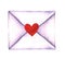 Love letter in an envelope painted in watercolor on a white background isolated. Envelope with Heart. Valentine`s Day, Charity, Lo