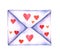 Love letter in an envelope painted in watercolor on a white background isolated. Envelope with Hearts. Valentine`s Day, Charity