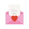 Love letter. Pink envelope with `i love you` text on the card.