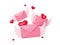 Love letter sending 3d render - closed pink envelope with red heart decoration and wings.