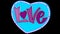 Love lettering 2D animation with alpha channel. Neon style letters with ribbon and decoration neon heart. Multicolor