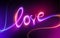 Love lettering, red pink neon, glowing single line art, light drawing, handwritten word, ultraviolet text.