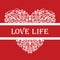 Love life white detailed heart ornament on red