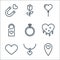 love line icons. linear set. quality vector line set such as location, necklace, love, heart, ring, door hanger, balloon, flower