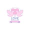 Love line logo design with love doves, heart and ribbon