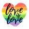 Love is Love lettering on watercolor rainbow spectrum heart shape. Homosexuality emblem isolated on white. LGBT rights concept.