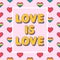 Love is love lgbtqi colorful illustration. Modern background with rainbow hearts