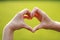 Love meaning gesture make a gesture with woman hand green lawn grass as background