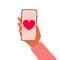 Love message. Hand with smartphone. Sending letter with greeting card for Valentines Day through mobile phone. Vector concept