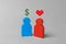 Love for money, prostitution, intimate services. Man with heart and woman with dollar sign