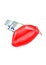 Love for money. Red leather purse in form of lips and banknotes of one hundred dollars. Women`s salary. Selling love