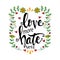 Love more hate less. Hand drawn lettering phrase.