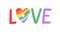 Love, multicolored rainbow word, LGBT heart. Colorful multi-colored LGBTQ lettering, text sticker for pride month. Flat