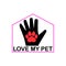 Love my pet logo with dog pawprint, heart and human hand. Vector clipart and drawing. Design template and icon.