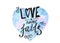 Love never fails - painting text on blue heart shape isolated on white