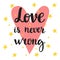 Love is never wrong. Inspirational quote. Hand drawn lettering. Motivational poster