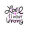 Love is never wrong - simple love motivational quote. Hand drawn beautiful lettering.