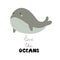 love the oceans. cartoon whale  hand drawing lettering. colorful vector illustration  flat style.