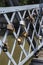 Love padlocks on Elizabeta Bridge railing on Somes River on August 21, 2018 in Cluj-Napoca.