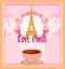 Love Paris with tower Eiffel and coffee over pink background.