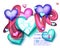 LOVE PARTY BANNER WITH COLORFUL LETTERS AND HEARTS.