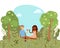Love picnic for happy couple with wine in park, nature outdoor, romantic date cartoon vector illustration. Valentine`s
