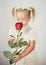 Love present. childrens day. small kid with red rose. happy childhood. valentines day. romantic date. little girl in
