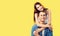 Love, relationship, dating, lovers, romantic - happy excited couple. yellow background. copy space